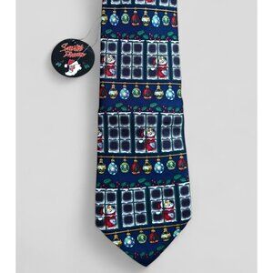 New Santas Dream Silk Christmas Neck Tie Santa Window Ornament Holly Holiday VTG